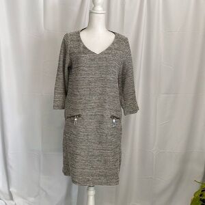 MSK Womens V neck shift dress, black white and grey stripe.